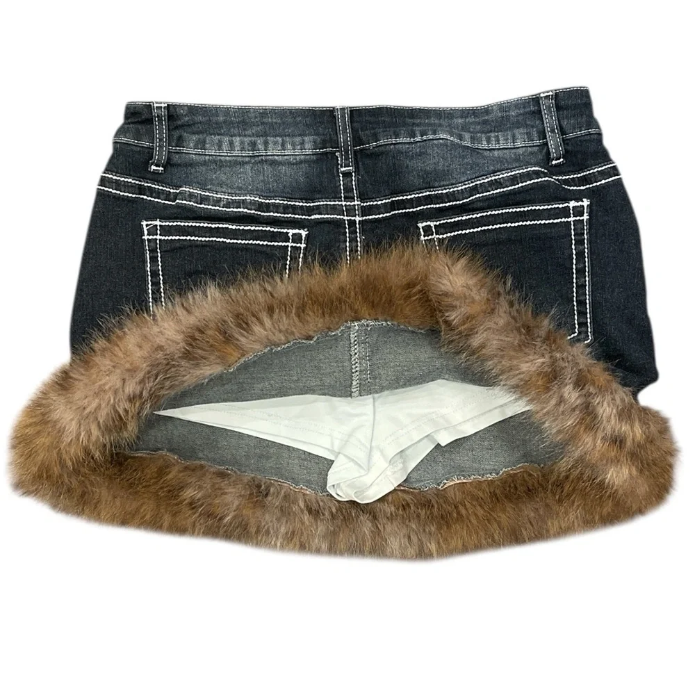 Y2K Goth Denim Mini Skirt Faux Fur Hem Cross Embroidery XL Alt Grunge - Picture 4 of 10